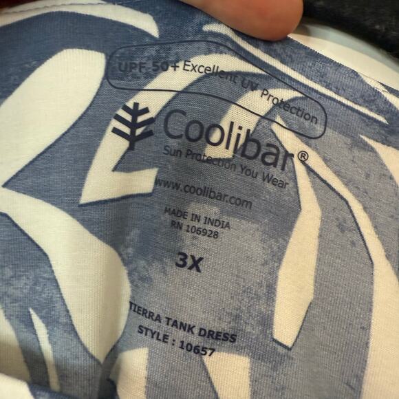 Coolibar Womens Tierra Tank Dress Knee Length Stretch Leaf Pattern Blue White 3X - Picture 3 of 6